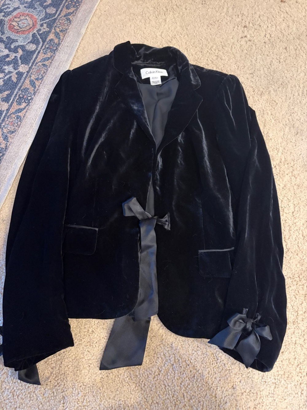Calvin Klein Black Velvet Tie-Front Blazer with Bow Cuffs